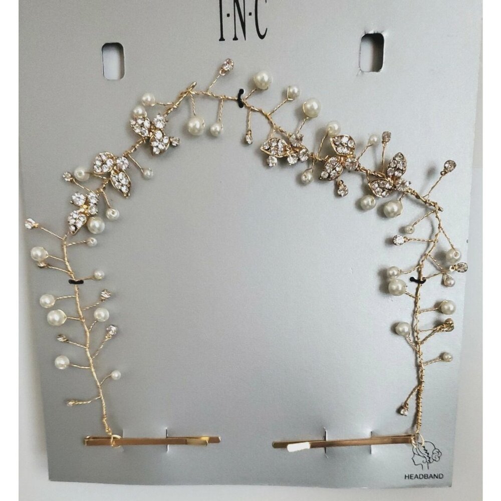 INC International Concepts Headband Gold White Imitation Pearl Crystal hair band